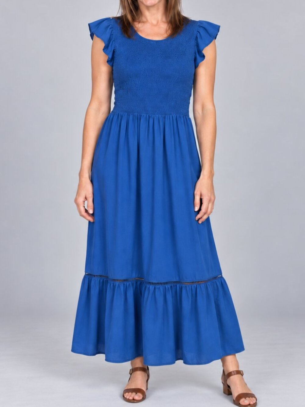 Jun & Ivy Francesca’s Blue Smocked Tiered Maxi Dress